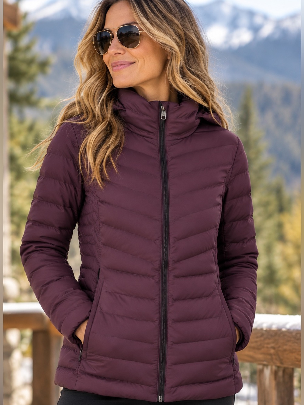 32 Degrees Hooded Stretch Puffer Jacket Zip Pockets Packable Berry Medium New